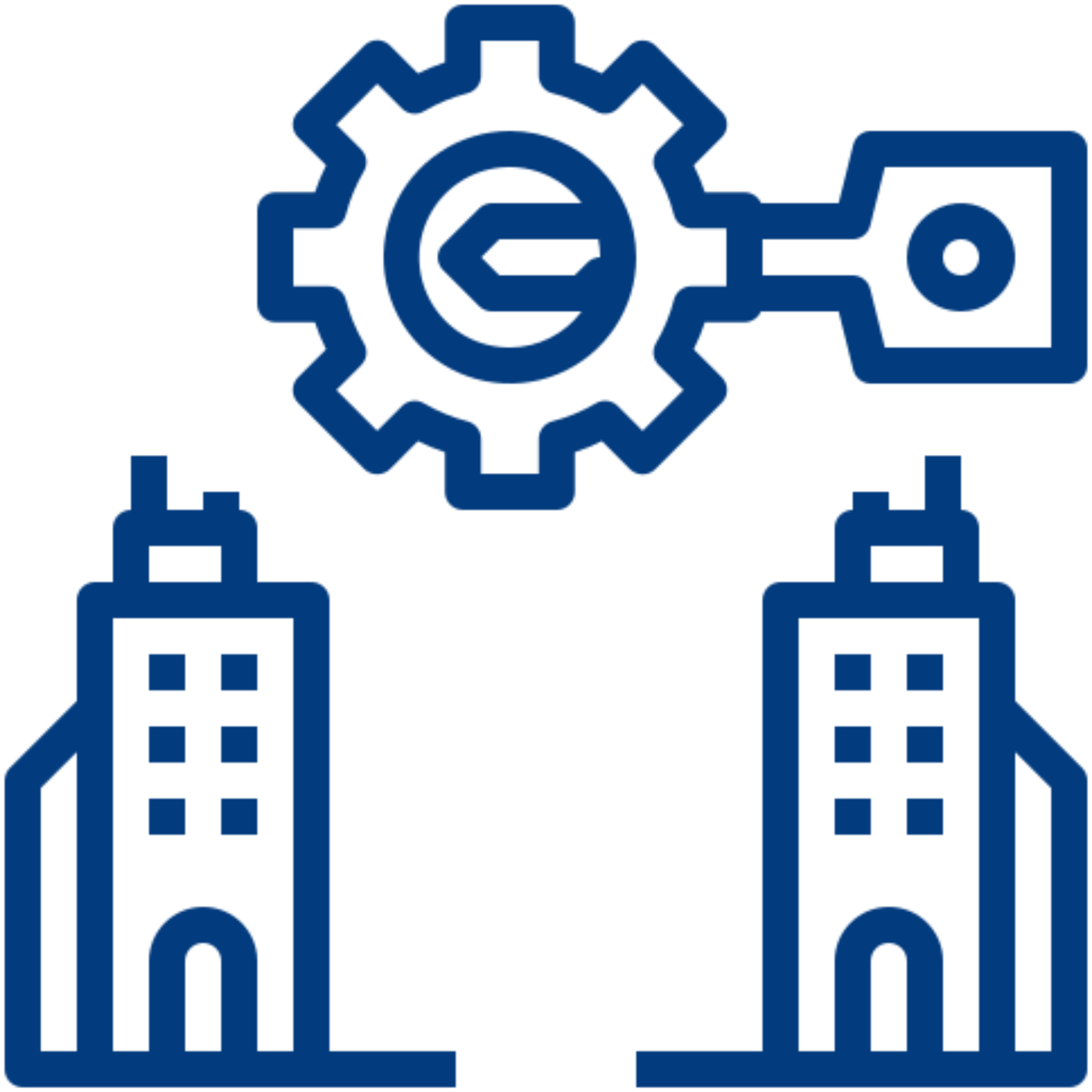 Buildings with gear and wrench icon.