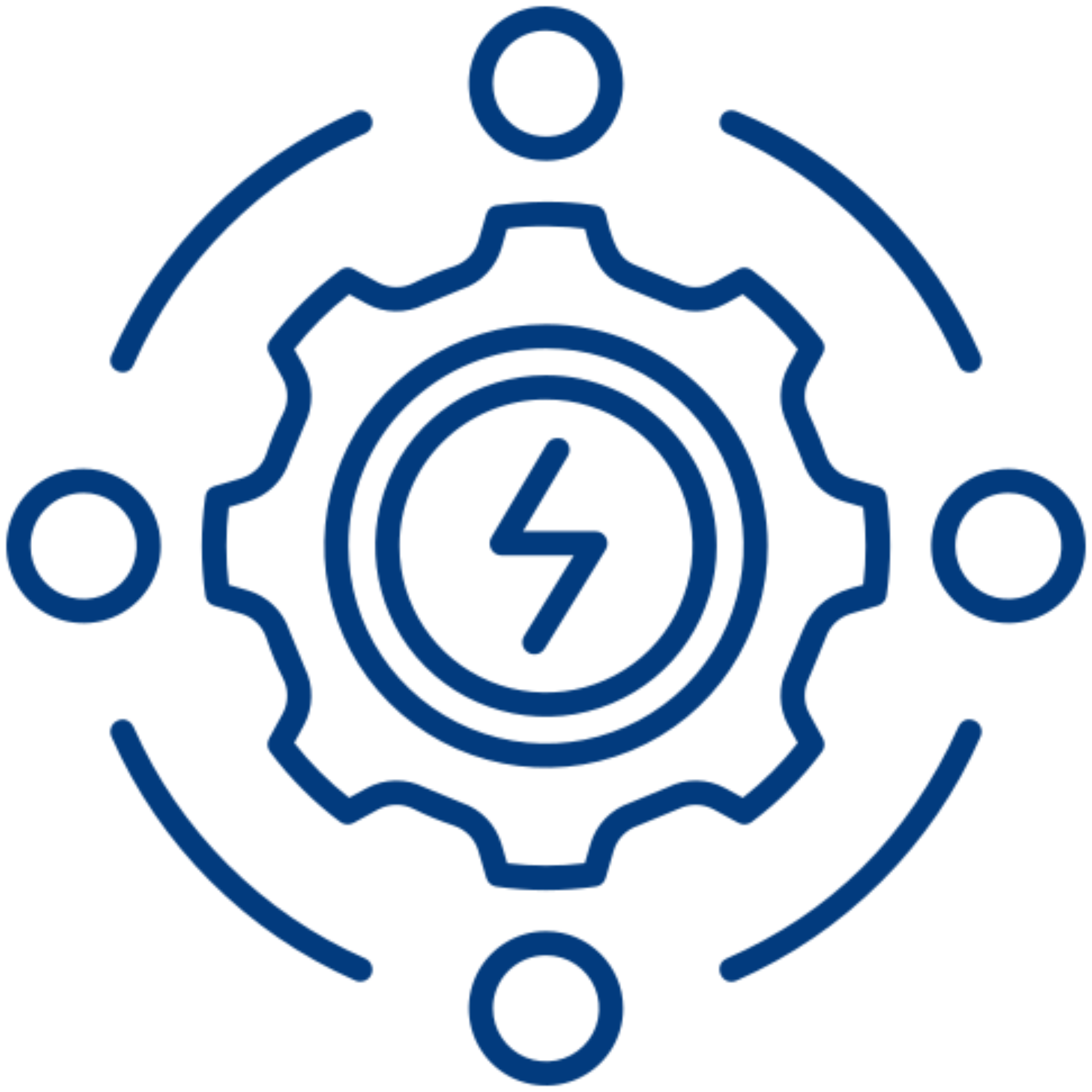 Cog with lightning bolt and surrounding circles.
