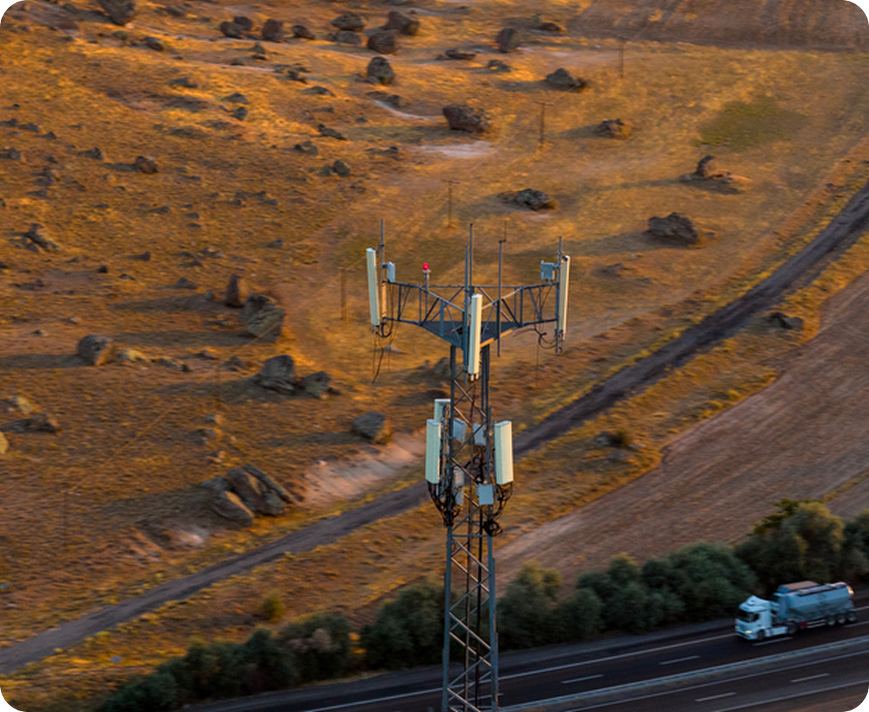 Aerial view of antenna near highway